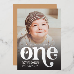 Invitation En Aluminium Moderne Minimaliste Premier Anniversaire Photo Ros