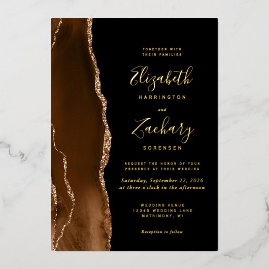 Invitation En Aluminium Moderne Mocha Brown Gold Agate Mariage noir (Recto)