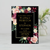 Invitation En Aluminium Moderne Moody Dark Burgundy Floral Mariage or (Debout devant)