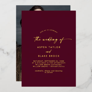 Invitation En Aluminium Moderne or en feuille d'or Mariage photo bordeau