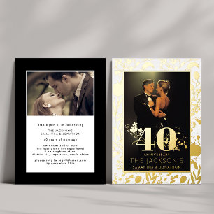 Invitation En Aluminium Moderne Or Floral Formel 40e Anniversaire de Maria
