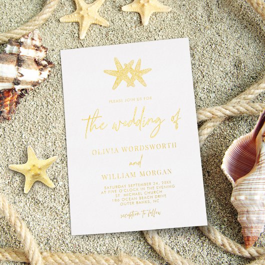 Invitation En Aluminium Moderne Plage Starfish Coastal Script Mariage