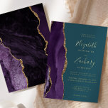 Invitation En Aluminium Moderne Purple Gold Agate Mariage Turquoise<br><div class="desc">Le bord gauche de cette élégante faire-part de mariage moderne est orné d'une bordure d'aquarelle violette ornée d'une parties scintillant en faux or. Le texte personnalisable combine écriture manuscrite, copperplate et polices italiques en feuille d'or sur un arrière - plan bleu turquoise. L'envers est assorti d'une agate violette et dorée....</div>