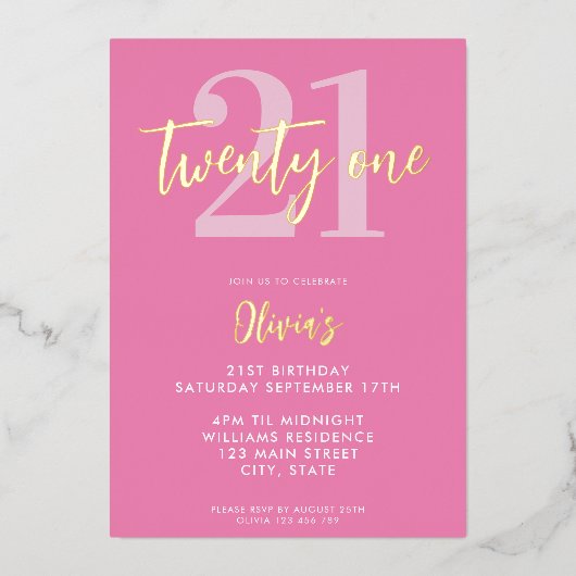 Invitation En Aluminium Moderne rose élégant 21e anniversaire (Recto)