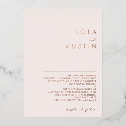 Invitation En Aluminium Moderne | Rose Gold Blush Mariage traditionnel Rea (Recto)