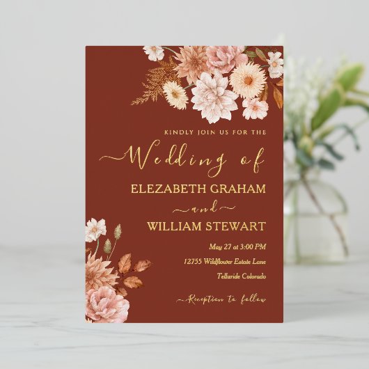 Invitation En Aluminium Moderne Rustique Terracotta Boho Fall Foliage Mari (Debout devant)