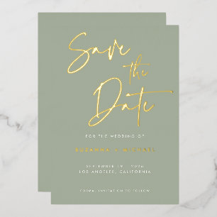 Invitation En Aluminium Moderne Sage Green Calligraphie Mariage Or
