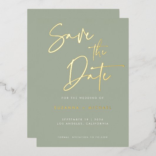 Invitation En Aluminium Moderne Sage Green Calligraphie Mariage Or (Recto/Verso)
