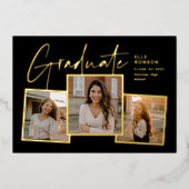 Invitation En Aluminium Moderne Script 3 Photo Collage Gold Graduation (Recto)