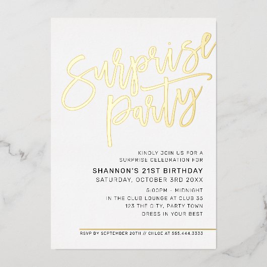 Invitation En Aluminium MODERNE SCRIPT surprise fête d'anniversaire noir o (Recto)
