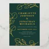 Invitation En Aluminium Moderne simple Feuilles vert et or (Recto)