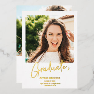 Invitation En Aluminium Moderne simple or blanc 2 photos graduation