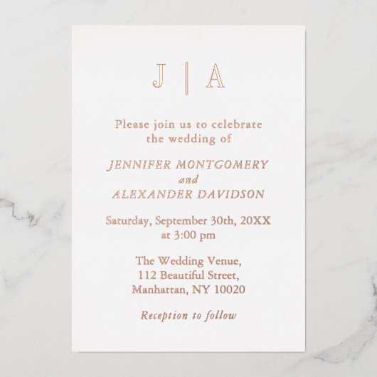 Invitation En Aluminium Moderne Simple Rose Or Et Blanc Monogramme Mariage (Recto)