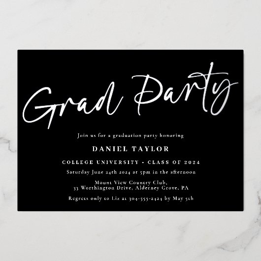 Invitation En Aluminium Moderne Simple Script Black Silver Graduation Part (Recto)