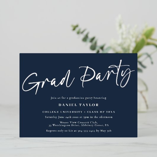 Invitation En Aluminium Moderne Simple Script Blue Silver Graduation Party (Debout devant)