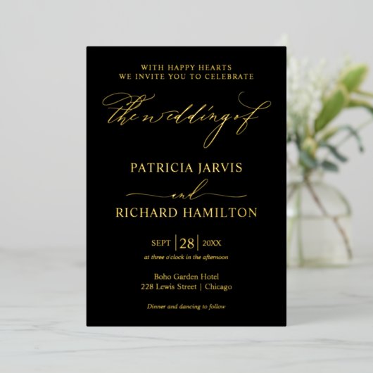 Invitation En Aluminium Moderne Stylo Calligraphie Black Gold Mariage (Debout devant)