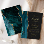 Invitation En Aluminium Moderne Turquoise Bleu Or Agate Mariage foncé<br><div class="desc">Le bord gauche de cette élégante faire-part de mariage moderne est doté d'une bordure turquoise en aquarelle bleue ornée d'une parties scintillant en faux or. Le texte personnalisable combine écriture manuscrite, copperplate et polices italiques en feuille d'or réelle sur un arrière - plan non noir. L'envers présente un design d'agate...</div>