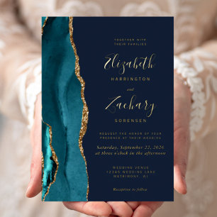 Invitation En Aluminium Moderne Turquoise Blue Gold Agate Marine Blue Mari