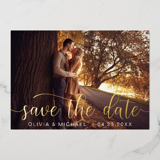 Invitation En Aluminium Modifiable Enregistrer la date Gold photo manuscri (Recto)