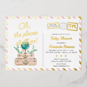 Invitation En Aluminium Monde d'Aventure Voyage Bébé Fille Blush Rose Or F