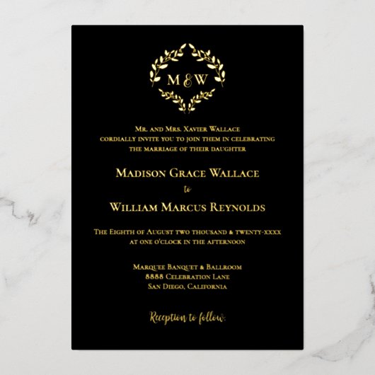 Invitation En Aluminium Monogram Black Gold Luxe Elegant Mariage Crest (Recto)