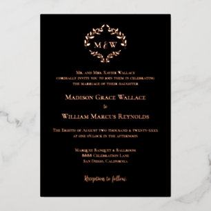 Invitation En Aluminium Monogram Black Rose Gold Luxe Elegant Crest