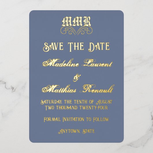 Invitation En Aluminium Monogram Elegant Dusty Blue & Gold Enregistrer la  (Recto)