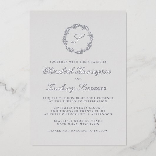 Invitation En Aluminium Monogramme argenté classique Mariage gris de scrip (Recto)