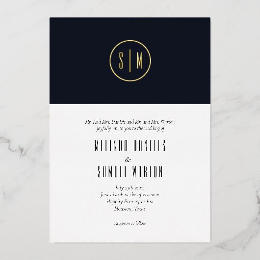 Invitation En Aluminium Monogramme bleu bleu Mariage or (Recto)