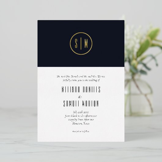Invitation En Aluminium Monogramme bleu bleu Mariage or (Debout devant)