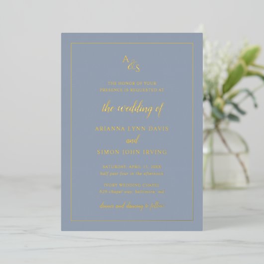 Invitation En Aluminium Monogramme bleu foncé simple Mariage élégant (Debout devant)