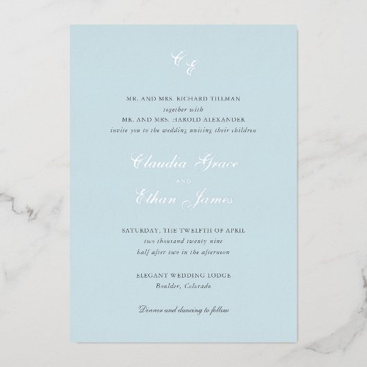Invitation En Aluminium Monogramme bleu Poudre classique Mariage élégant (Recto)