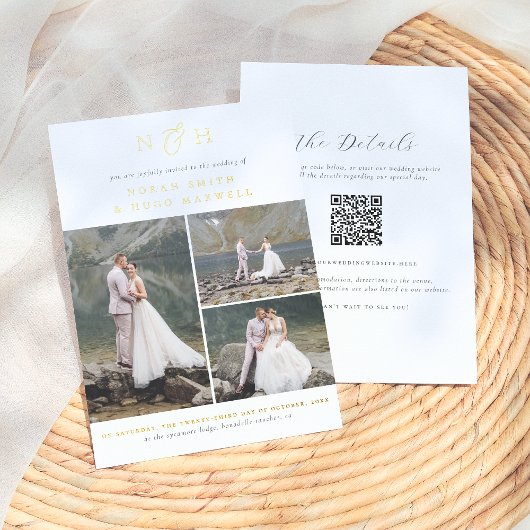 Invitation En Aluminium Monogramme brillant QR Code 3 Photo Collage Mariag