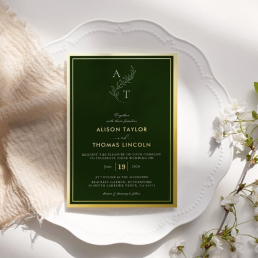 Invitation En Aluminium Monogramme classique Mariage Gold Deep Forest Gree