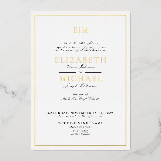 Invitation En Aluminium Monogramme classique Mariage noir & or noir (Recto)