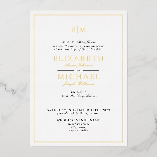 Invitation En Aluminium Monogramme classique Mariage noir & or noir (Recto)