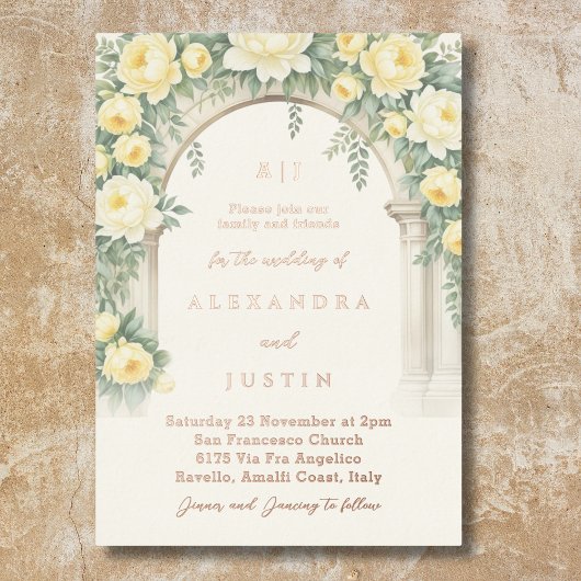 Invitation En Aluminium Monogramme Crème Jaune Arc Floral Mariage