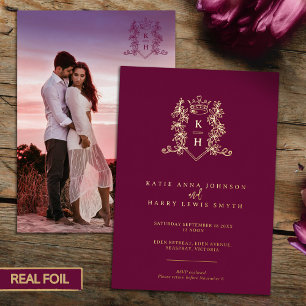 Invitation En Aluminium Monogramme crête couronne de coeur vin noir rouge