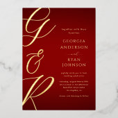 Invitation En Aluminium Monogramme Crimson Red Gold Mariage surdimensionné (Recto)