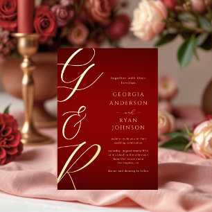 Invitation En Aluminium Monogramme Crimson Red Gold Mariage surdimensionné