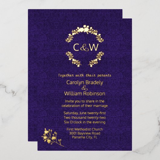 Invitation En Aluminium Monogramme dans Floral Wreath Purple Mariage damas (Recto/Verso)