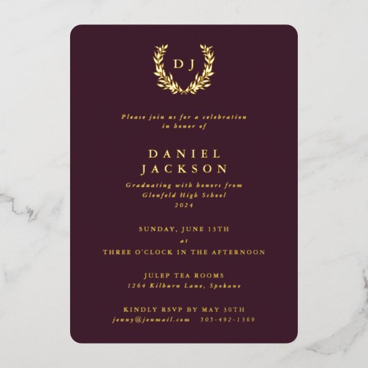 Invitation En Aluminium Monogramme de Bourgogne + Laurel Wreath Graduation (Recto)