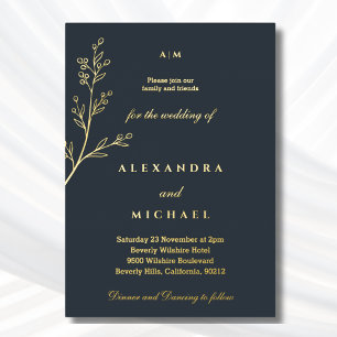Invitation En Aluminium Monogramme de charbon Botanique Minimaliste Or