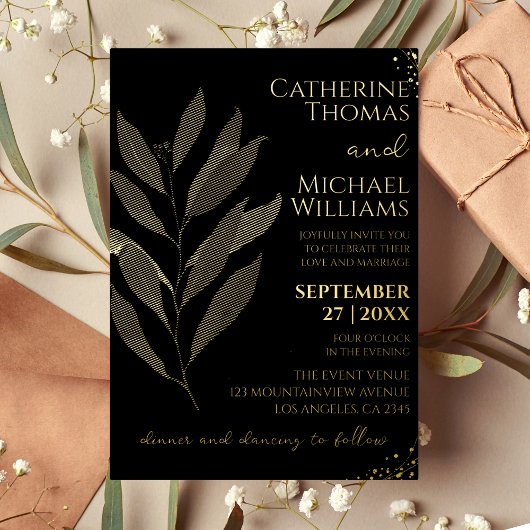 Invitation En Aluminium Monogramme de Mariage de feuille d'or noir moderne