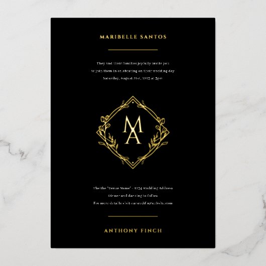Invitation En Aluminium Monogramme diamant avec fleurs dans huile Mariage  (Recto)
