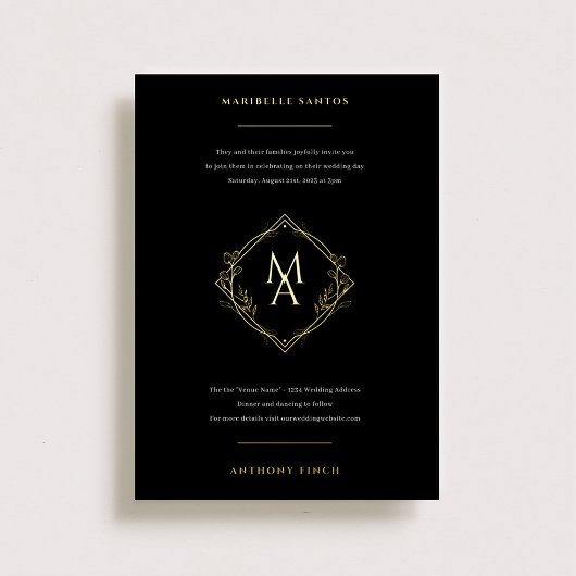 Invitation En Aluminium Monogramme diamant avec fleurs dans huile Mariage