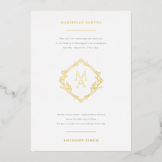 Invitation En Aluminium Monogramme diamant avec fleurs en Mariage or (Recto)