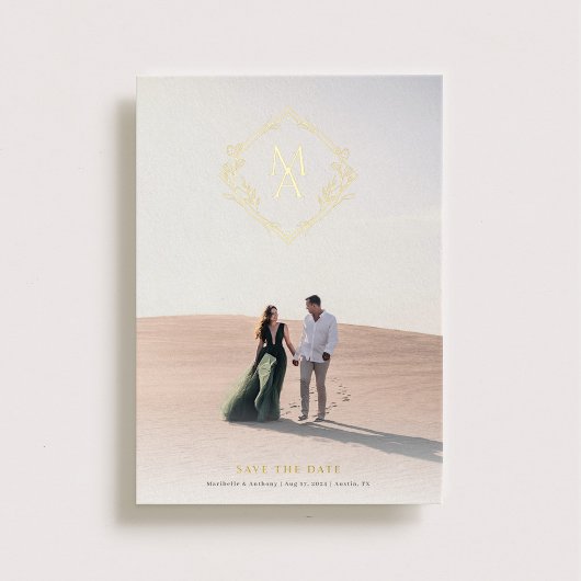 Invitation En Aluminium Monogramme diamant avec fleurs Or Enregistrer la d