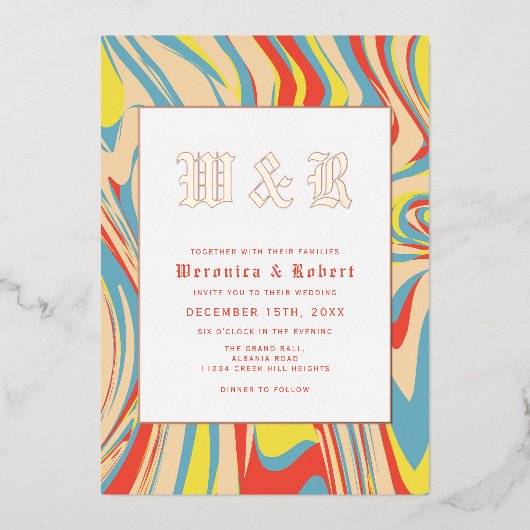 Invitation En Aluminium Monogramme d'or Motif Abstrait Retro Swirl (Recto)