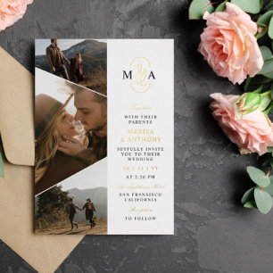 Invitation En Aluminium Monogramme Élégant Asymétrique Photos Mariage Or